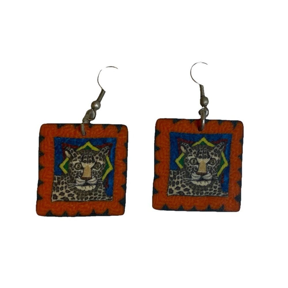 Vintage Clay Composite Leopard Dangle Earrings Artisan Boho African Cheetah Cat